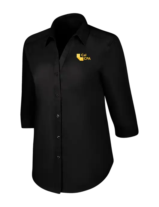 Womens Black 3/4 Sleeve Carefree Poplin Shirt w/CalCPA Logo