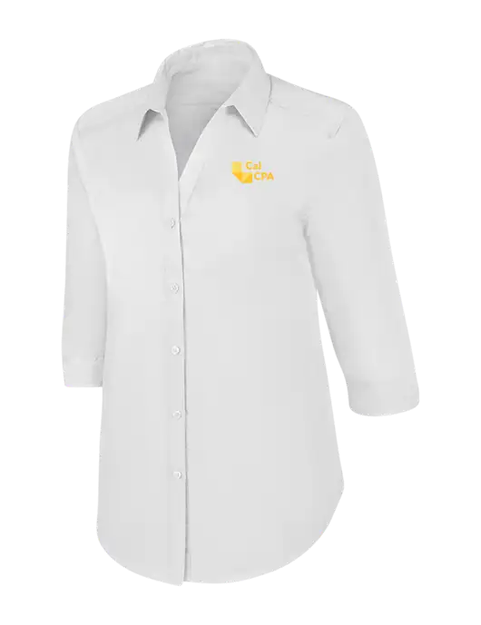 Womens White 3/4 Sleeve Carefree Poplin Shirt w/CalCPA Logo