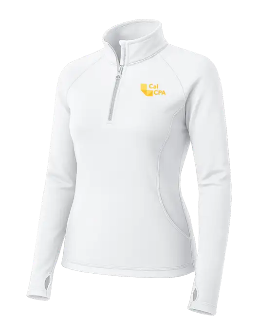 White Womens Sport Wick Stretch 1/4 Zip Pullover w/CalCPA Logo