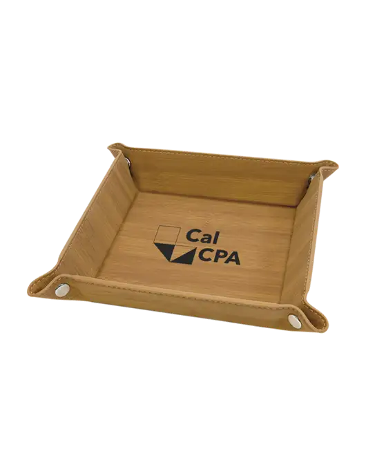 Bamboo Leatherette Valet Tray, 6 x 6 w/CalCPA Logo