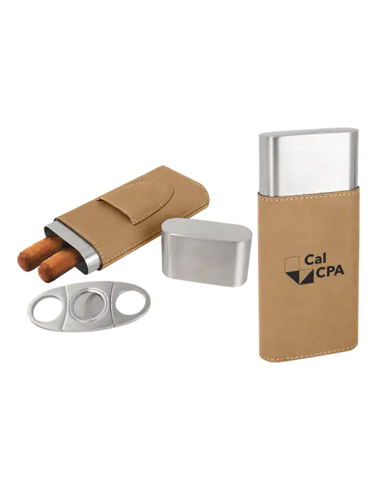 Tan Leatherette Cigar Case with Cutter w/CalCPA Logo