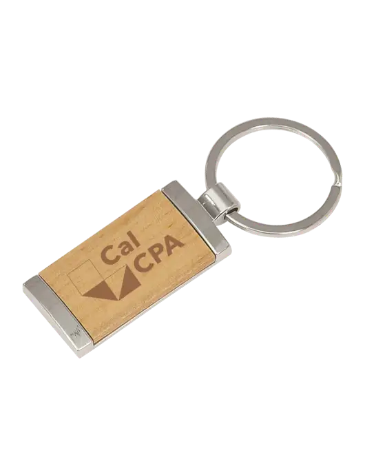 Wood & Silver Rectangle Keychain w/CalCPA Logo