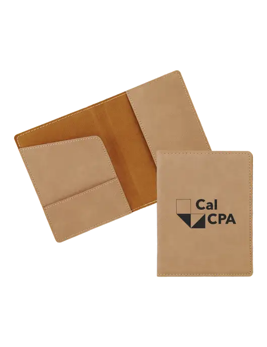 Tan Leatherette Passport Holder w/CalCPA Logo