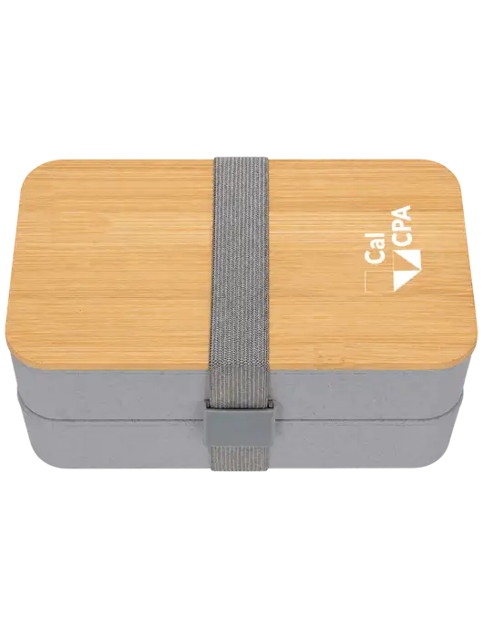 Double Decker Light Medium Grey Lunch Box w/Eco-Friendly FSC Bamboo Lid & Reusable Utensils w/CalCPA Logo