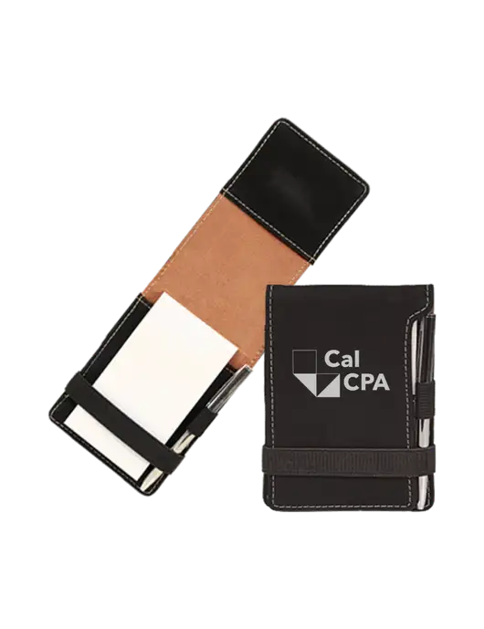 Black Leatherette Mini Notepad with Pen,  3.25 x 4.75 w/CalCPA Logo