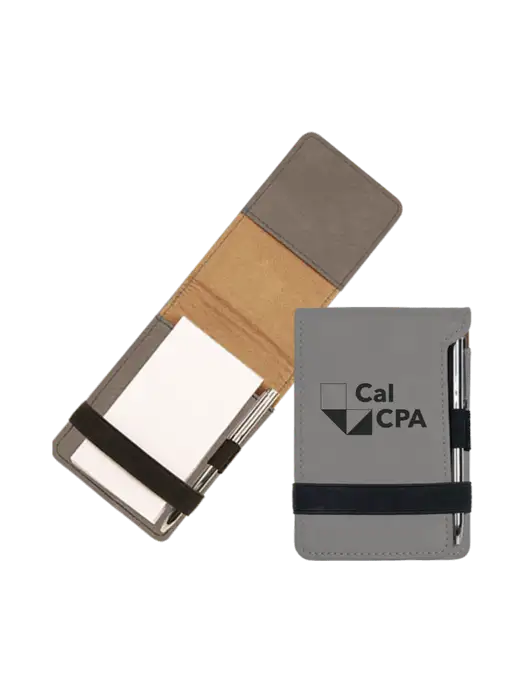 Grey Leatherette Mini Notepad with Pen,  3.25 x 4.75 w/CalCPA Logo