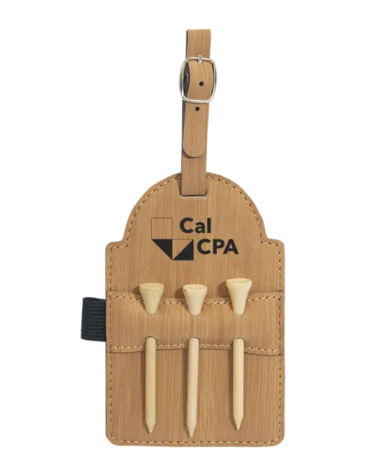 Bamboo Leatherette Golf Bag Tag with 3 Wooden Tees w/CalCPA Logo