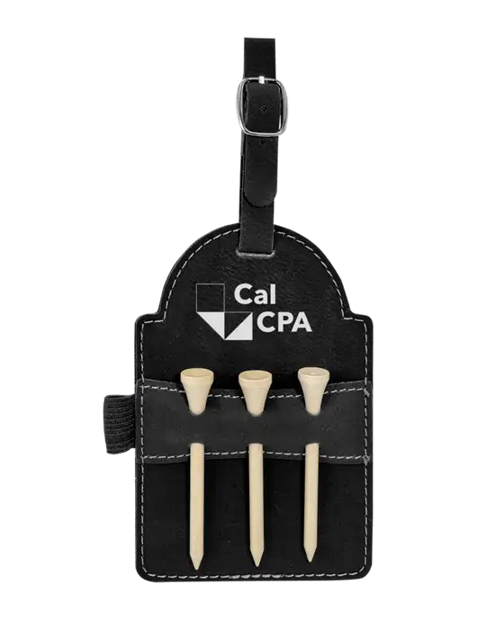 Black Leatherette Golf Bag Tag with 3 Wooden Tees w/CalCPA Logo