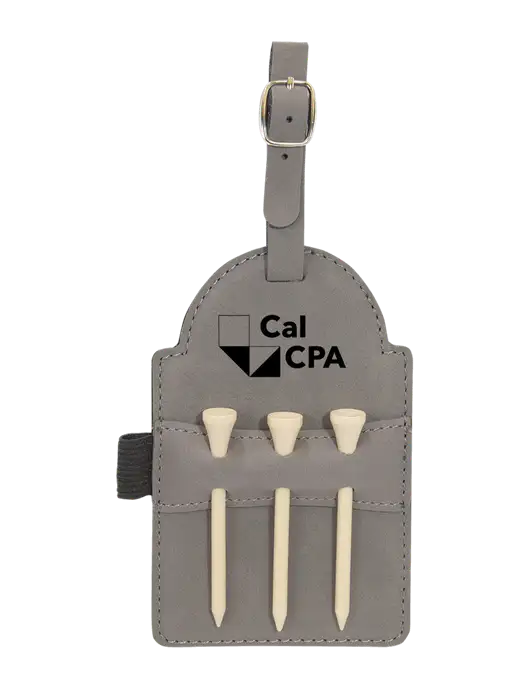 Grey Leatherette Golf Bag Tag with 3 Wooden Tees w/CalCPA Logo