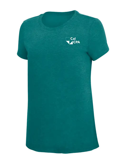 Womens Simply Soft Heathered Dark Teal 4.5oz  Poly/Combed Ring Spun Cotton T-Shirt w/CalCPA Logo